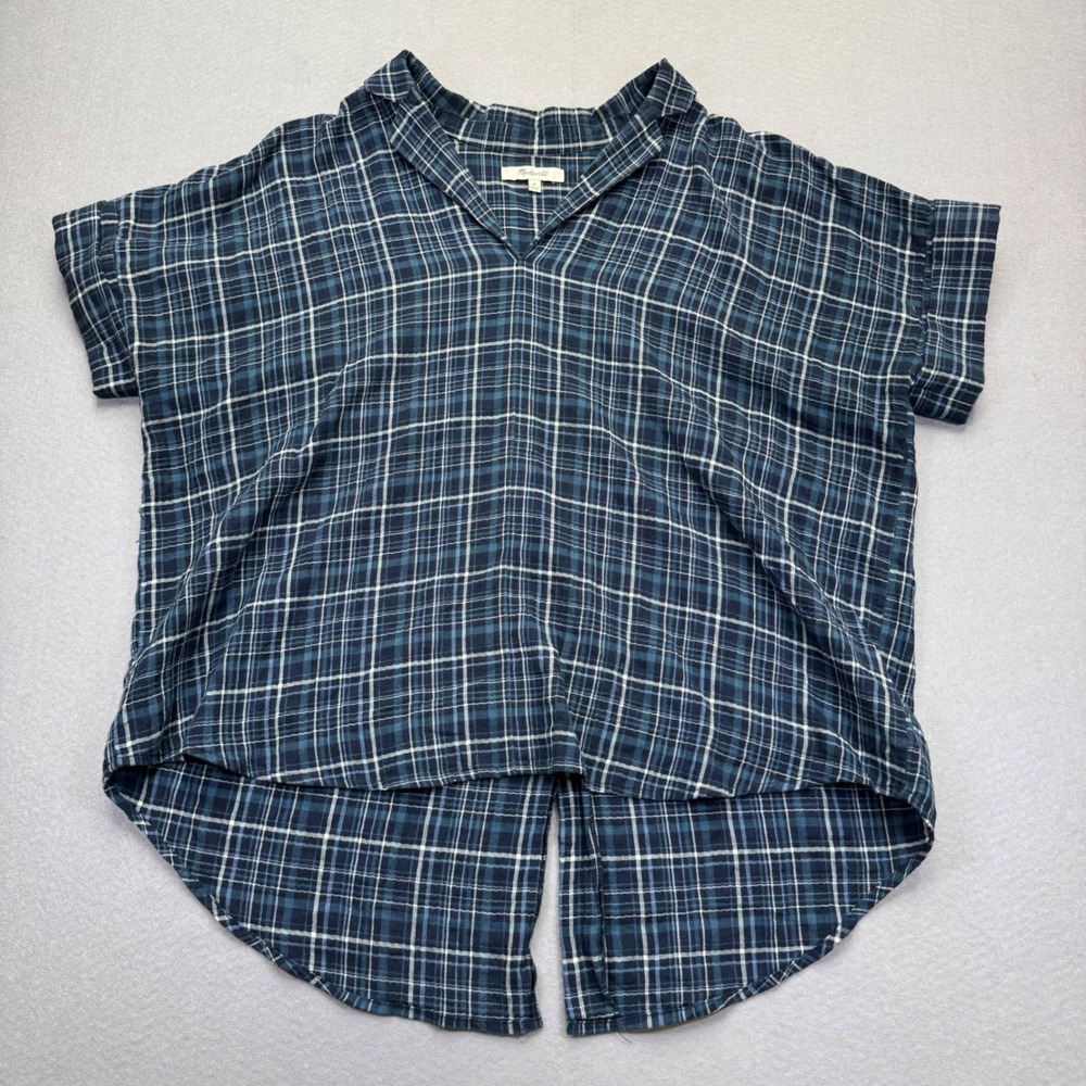 Madewell Central Shirt Womens Medium Blue Plaid Short Sleeve Split Back V-Neck
